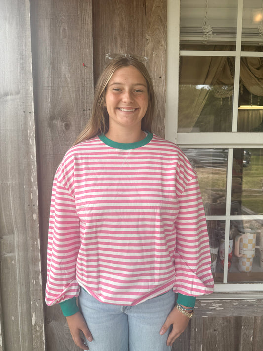 Pink And White Comfortable Crew Neck Striped Color Contrast Pullover Sweatshirt Lovesoft