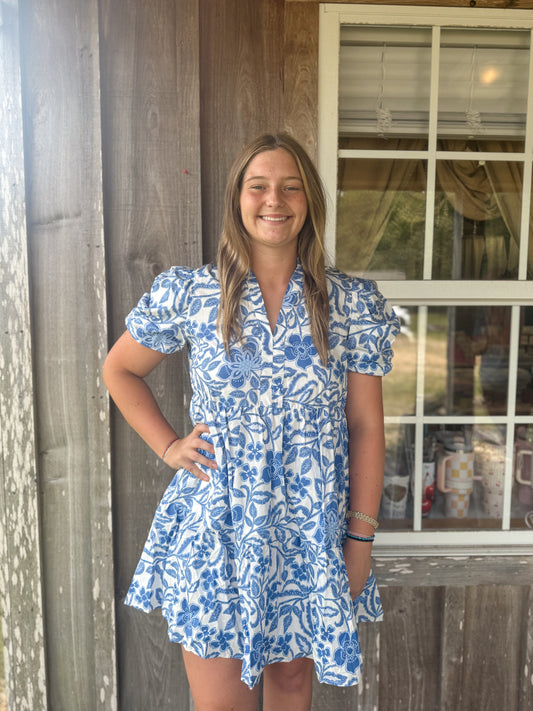Blue Flower Print Puff Sleeve Tiered Flowey Mini Dress Lovesoft