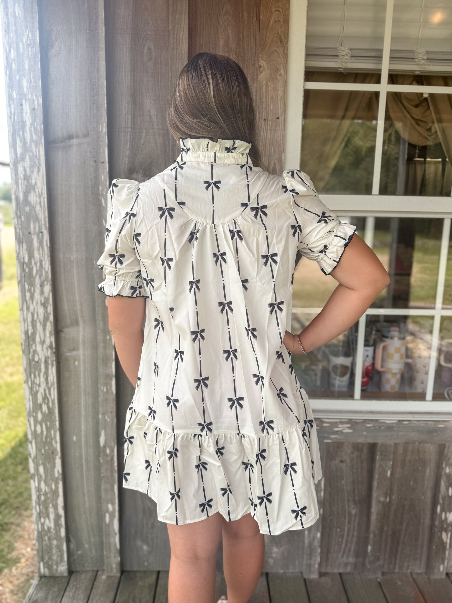 Beige Cute Bowknot Printed Bubble Sleeve V Neck Mink Dress Lovesoft