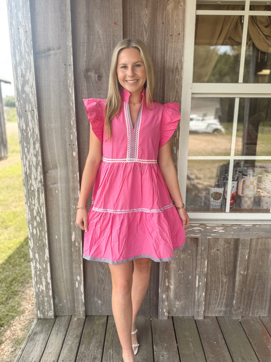 Strawberry Pink Haze Flutter Sleeve Tiered Dress Liam & Company
