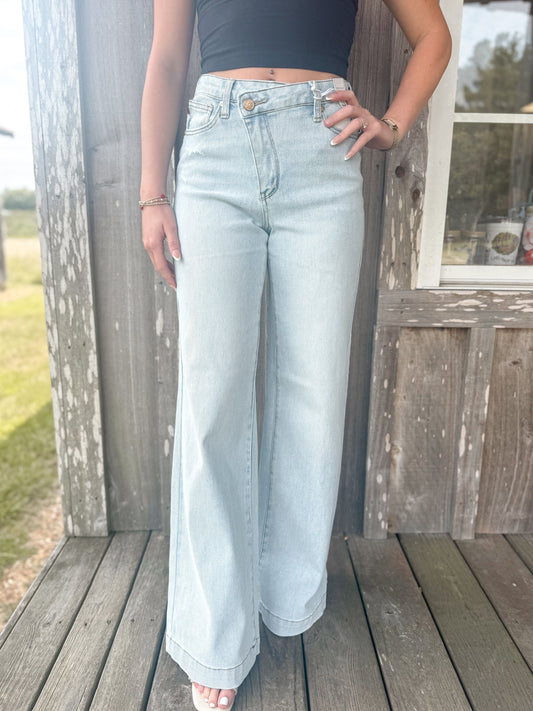 Judy Blue High Waist Retro Wide Criss-Cross Waistband Mild Destroy Jeans Judy Blue Jeans