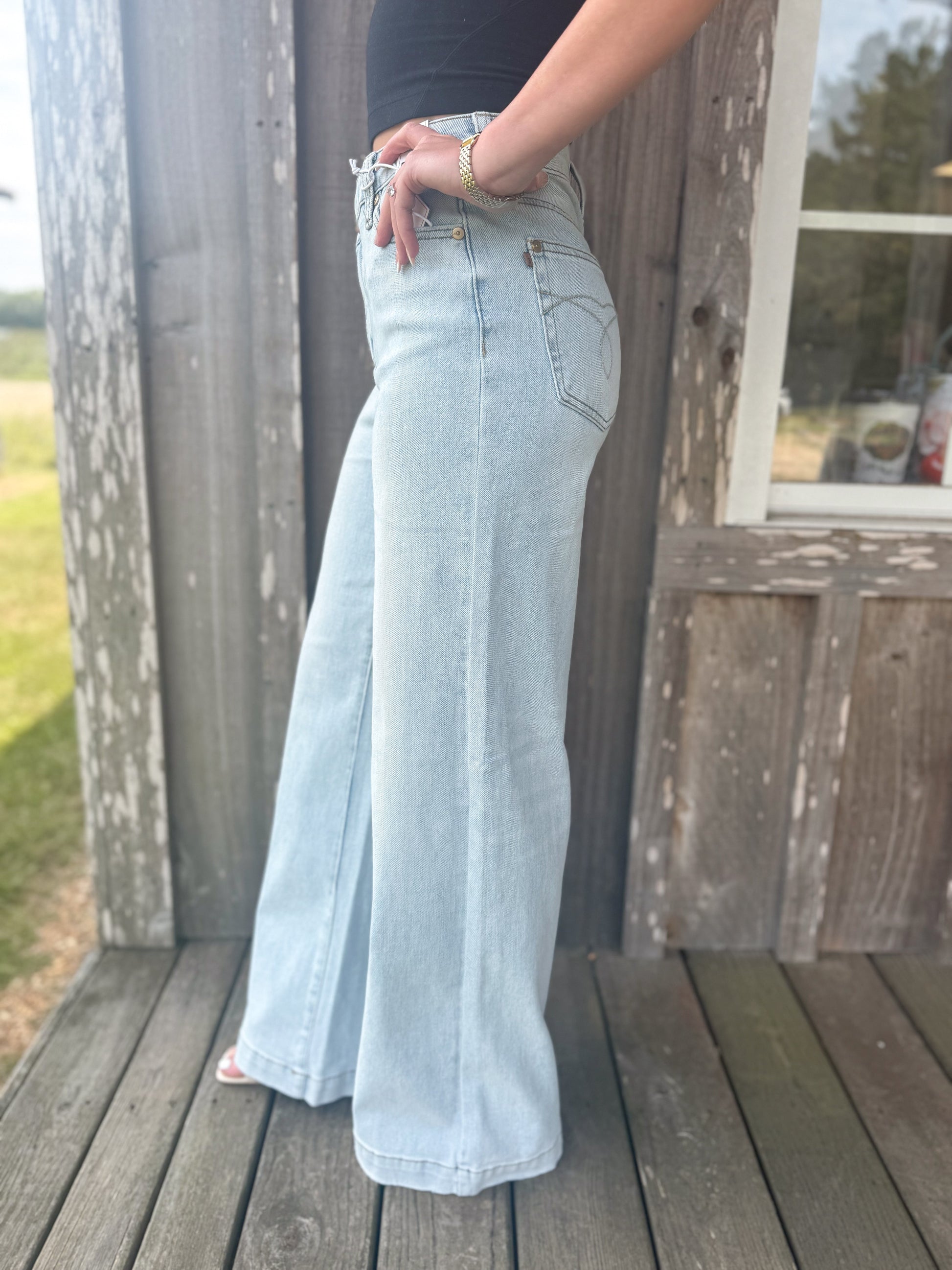 Judy Blue High Waist Retro Wide Criss-Cross Waistband Mild Destroy Jeans Judy Blue Jeans