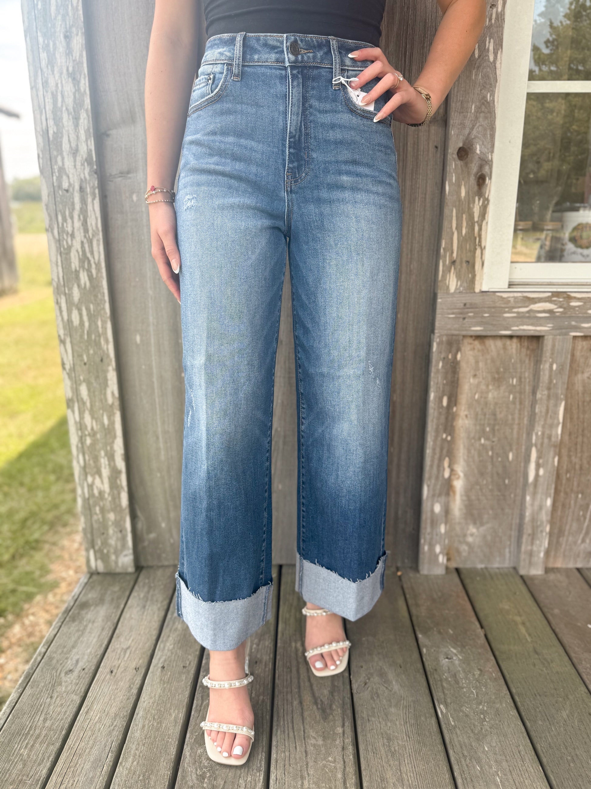 Cello Jeans Medium Wash  High Rise Crop Wide Leg With Cuff Jeans Cello Jeans