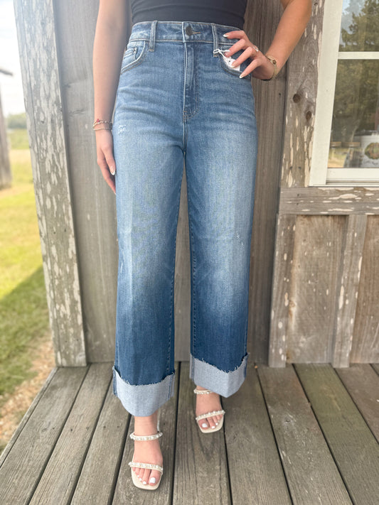 Cello Jeans Medium Wash  High Rise Crop Wide Leg With Cuff Jeans Cello Jeans