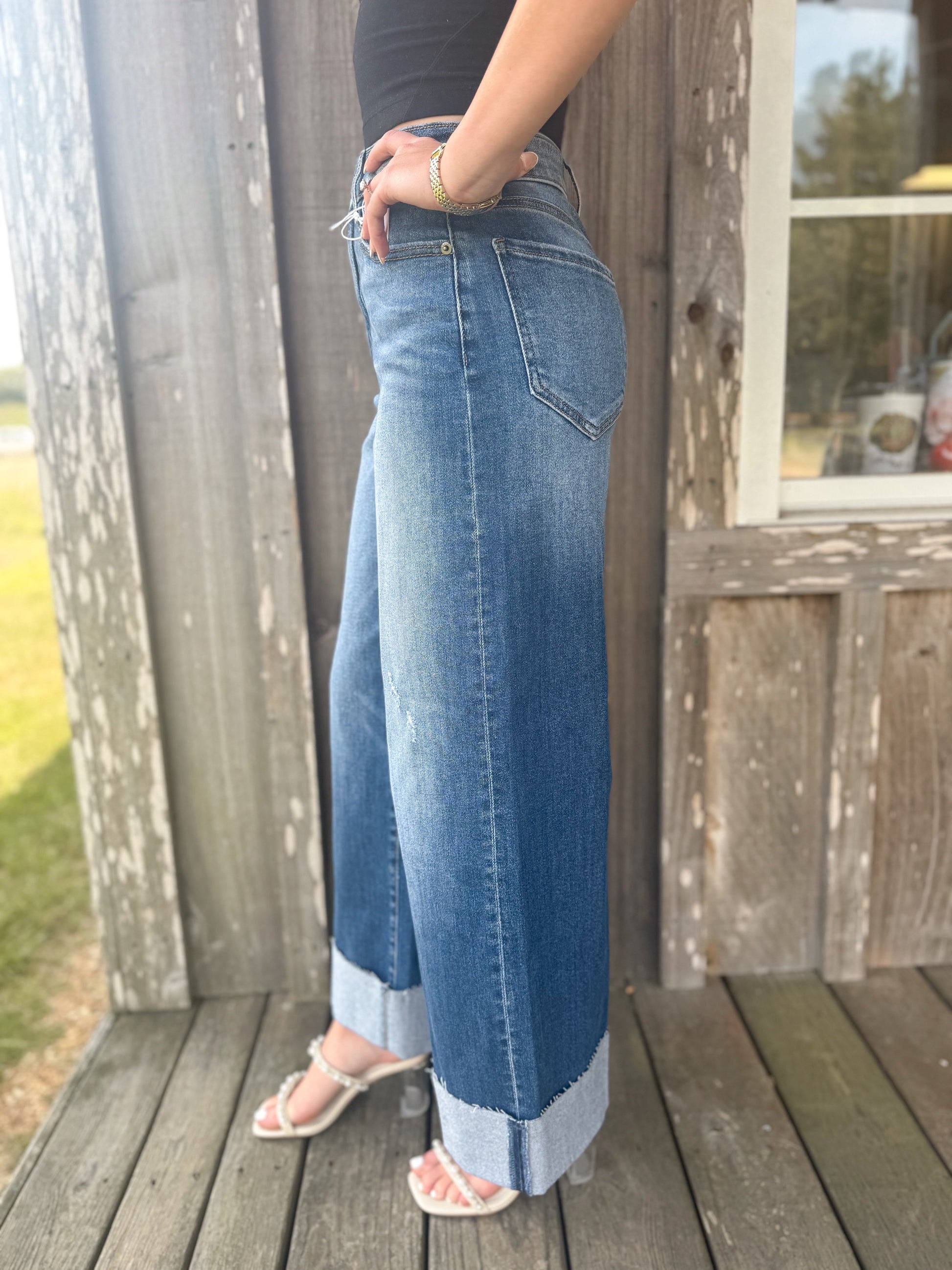 Cello Jeans Medium Wash  High Rise Crop Wide Leg With Cuff Jeans Cello Jeans