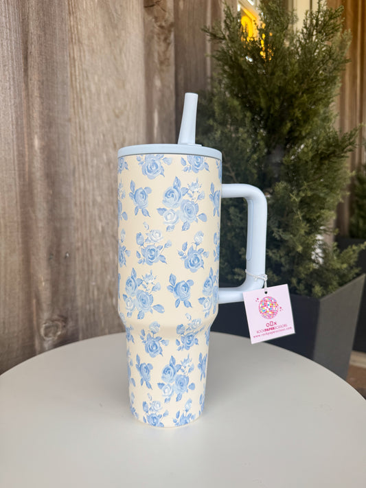 Blue Floral 40oz Tumbler with Spill Proof Lid and Flip Straw Rock Paper Scissors