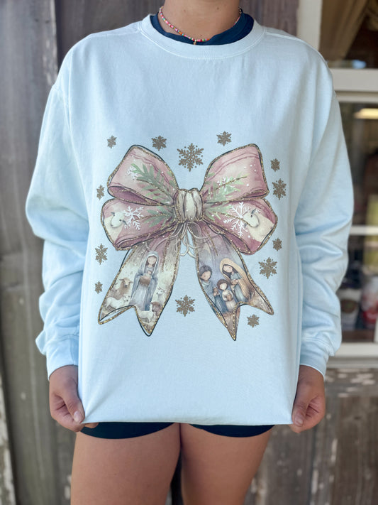 Christmas Bow Birth of Jesus Sweatshirt SOUTHERN SUNDROP BOUTIQUE