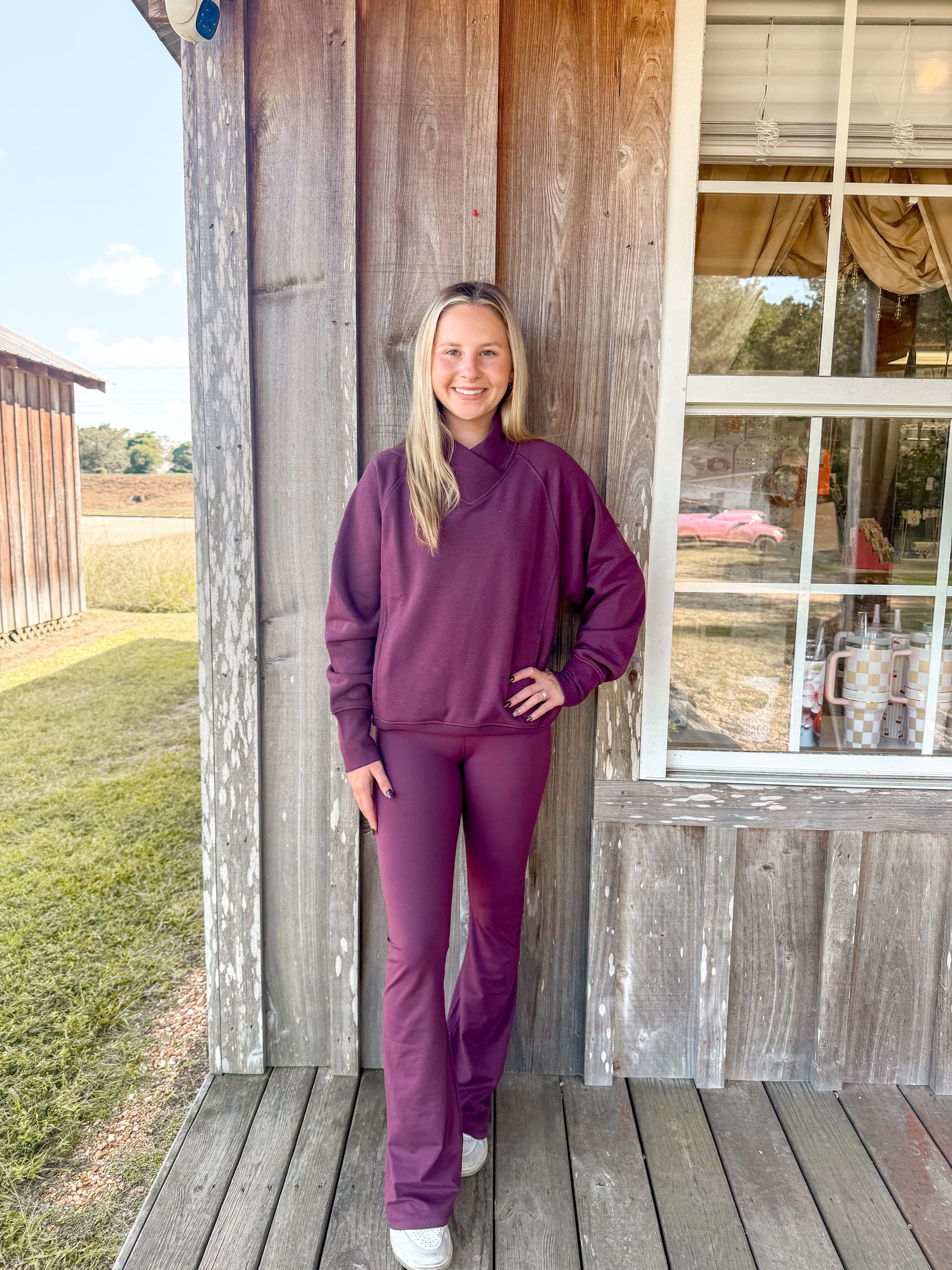 Mono B Dark Plum Fleece Mock Neck Sweater &  Crossover Waist Yoga Pants Set Mono B
