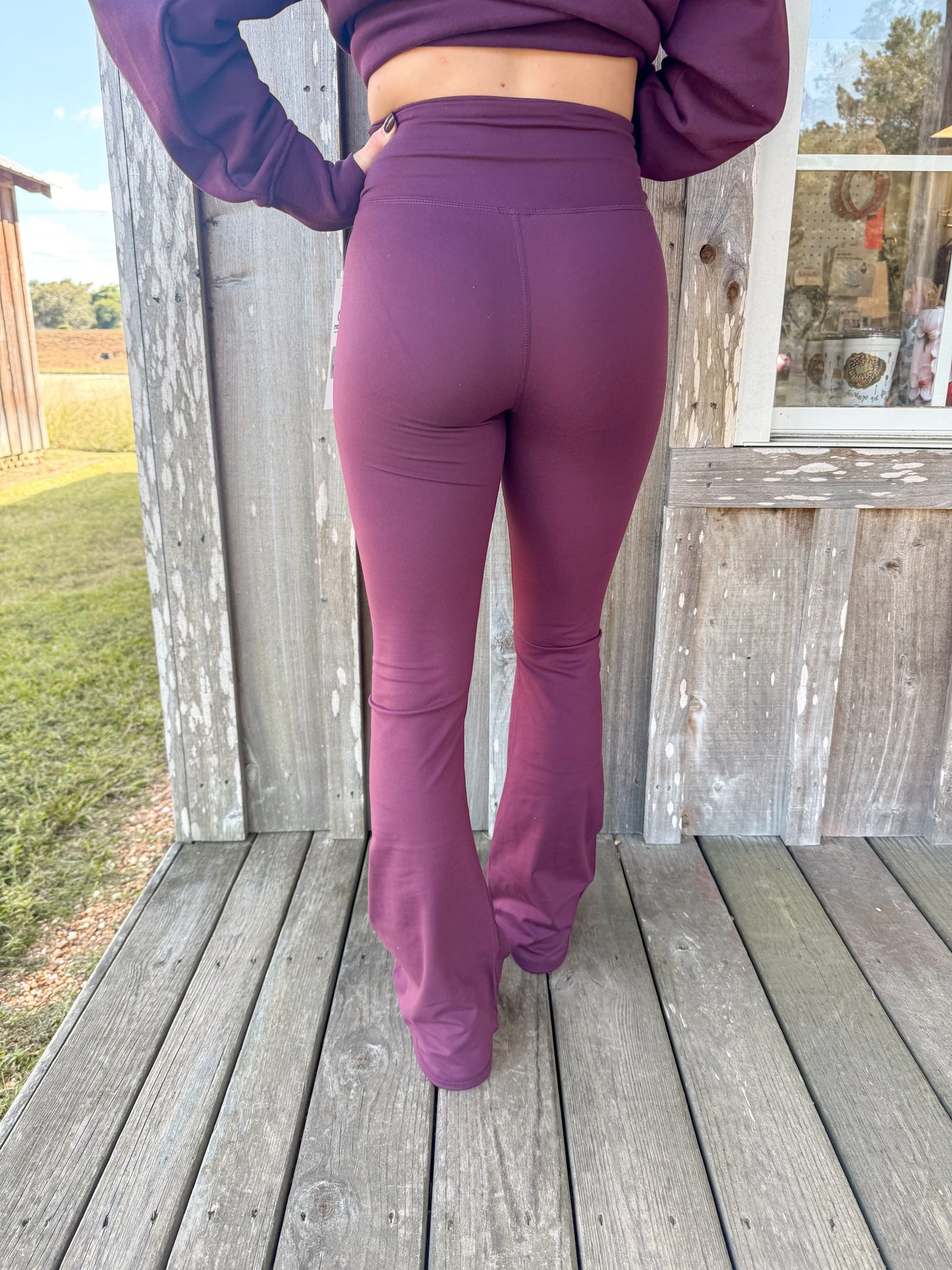 Mono B Dark Plum Fleece Mock Neck Sweater &  Crossover Waist Yoga Pants Set Mono B