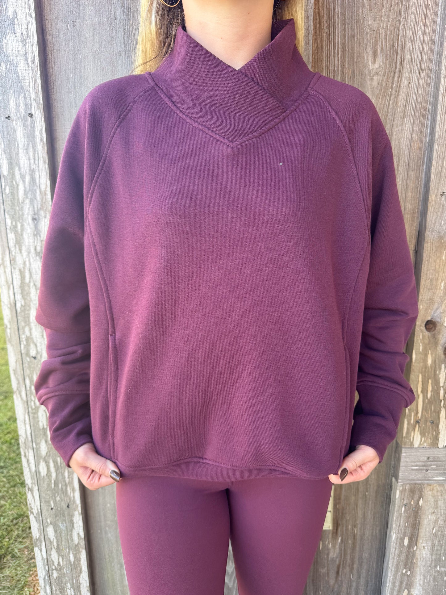 Mono B Dark Plum Fleece Mock Neck Sweater &  Crossover Waist Yoga Pants Set Mono B