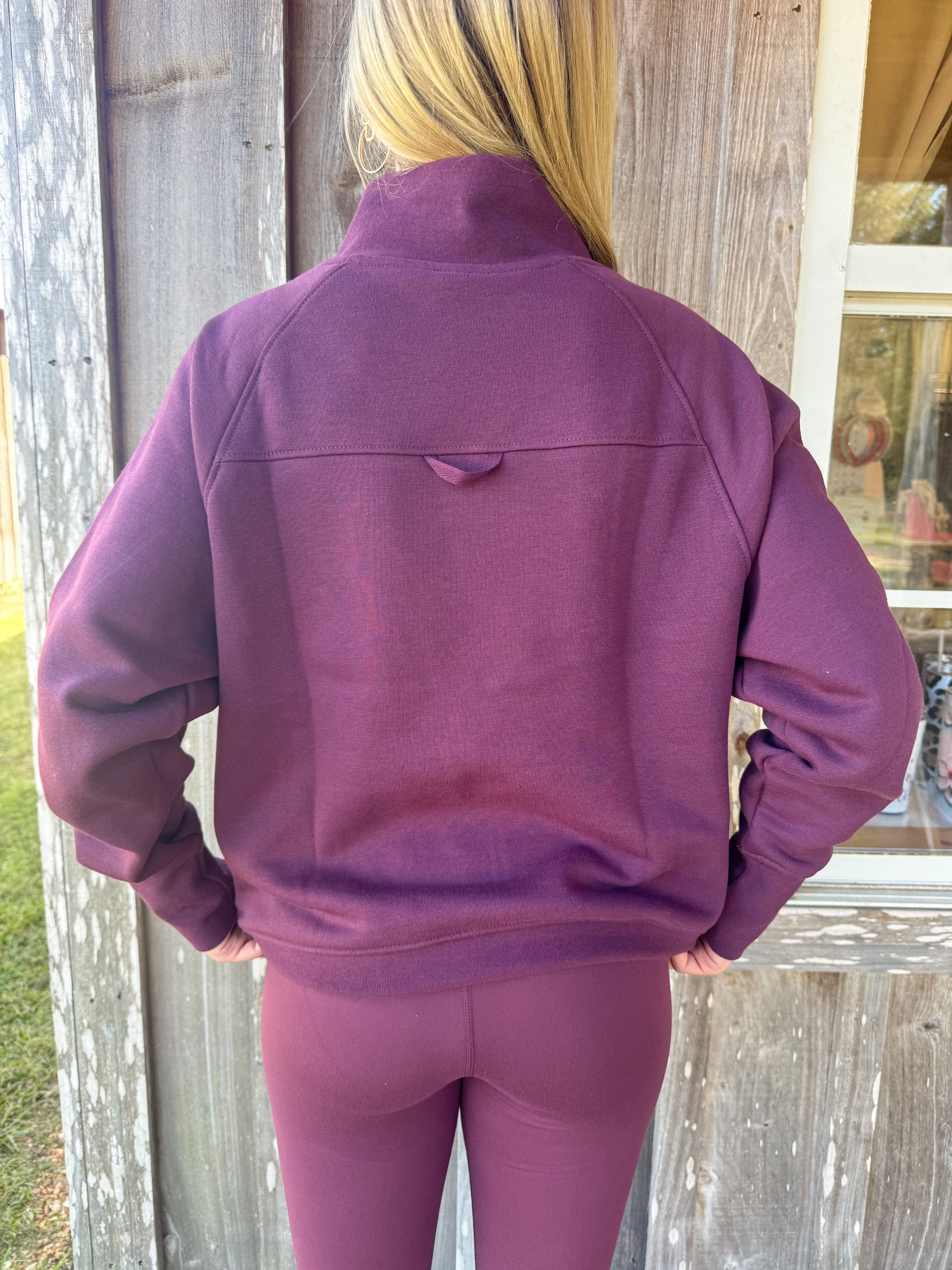 Mono B Dark Plum Fleece Mock Neck Sweater &  Crossover Waist Yoga Pants Set Mono B