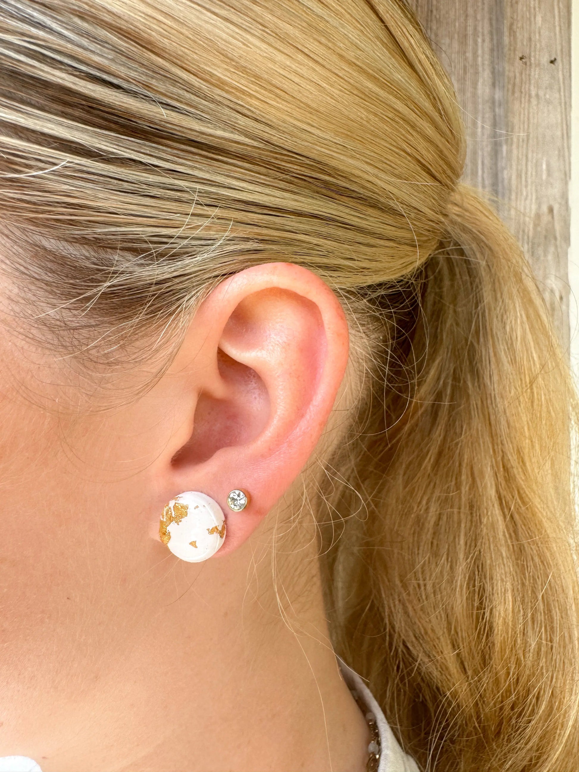 White Stud Earrings w/ Gold Flakes Ruby Clay