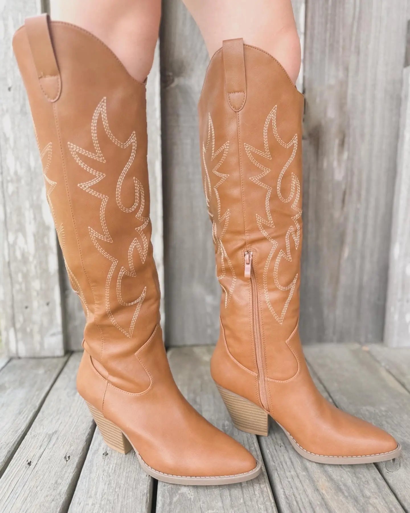 TAN KNEE HIGH SMOOTH COWBOY BOOT WITH WESTERN EMBROIDERY CCOCCI