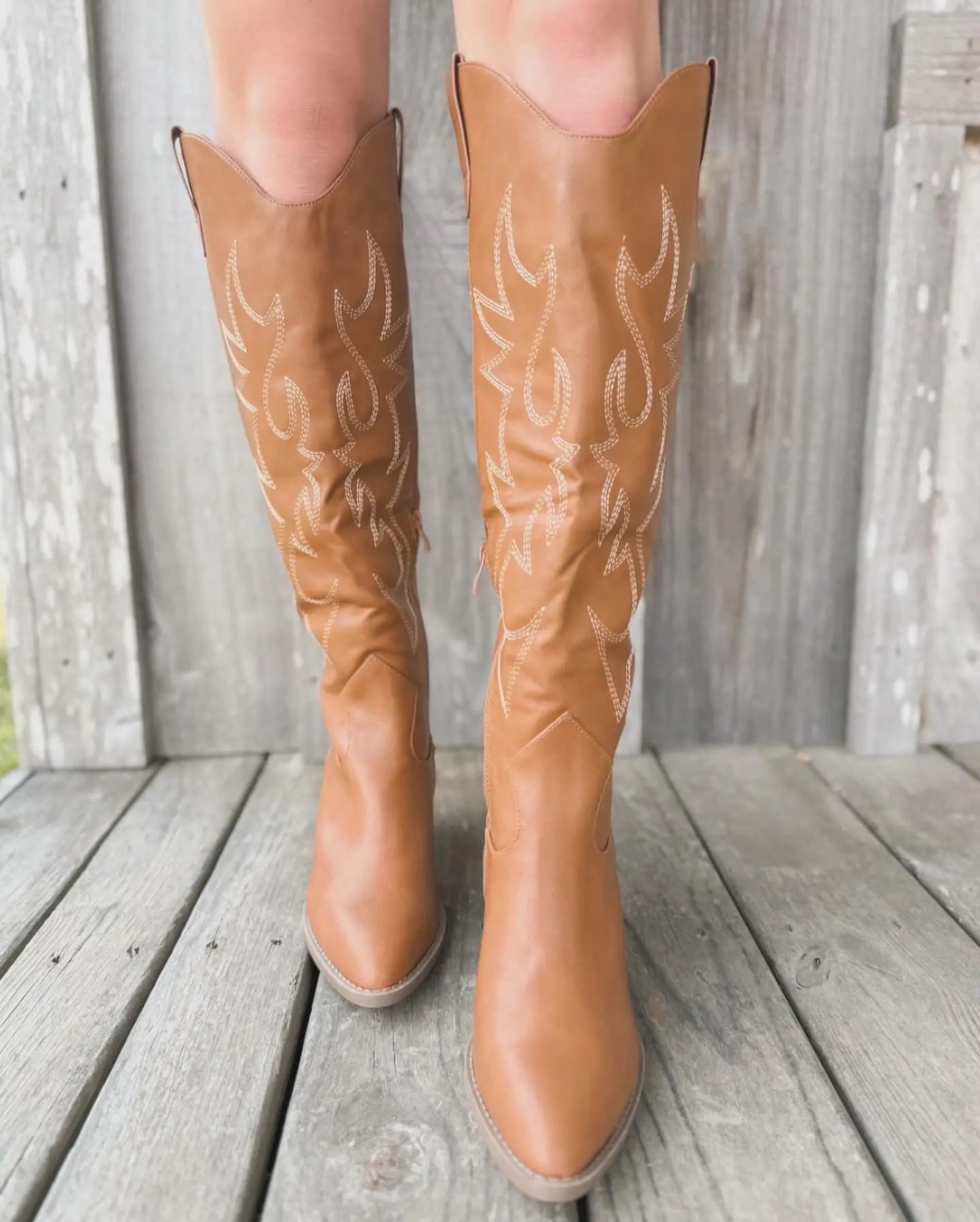 TAN KNEE HIGH SMOOTH COWBOY BOOT WITH WESTERN EMBROIDERY CCOCCI