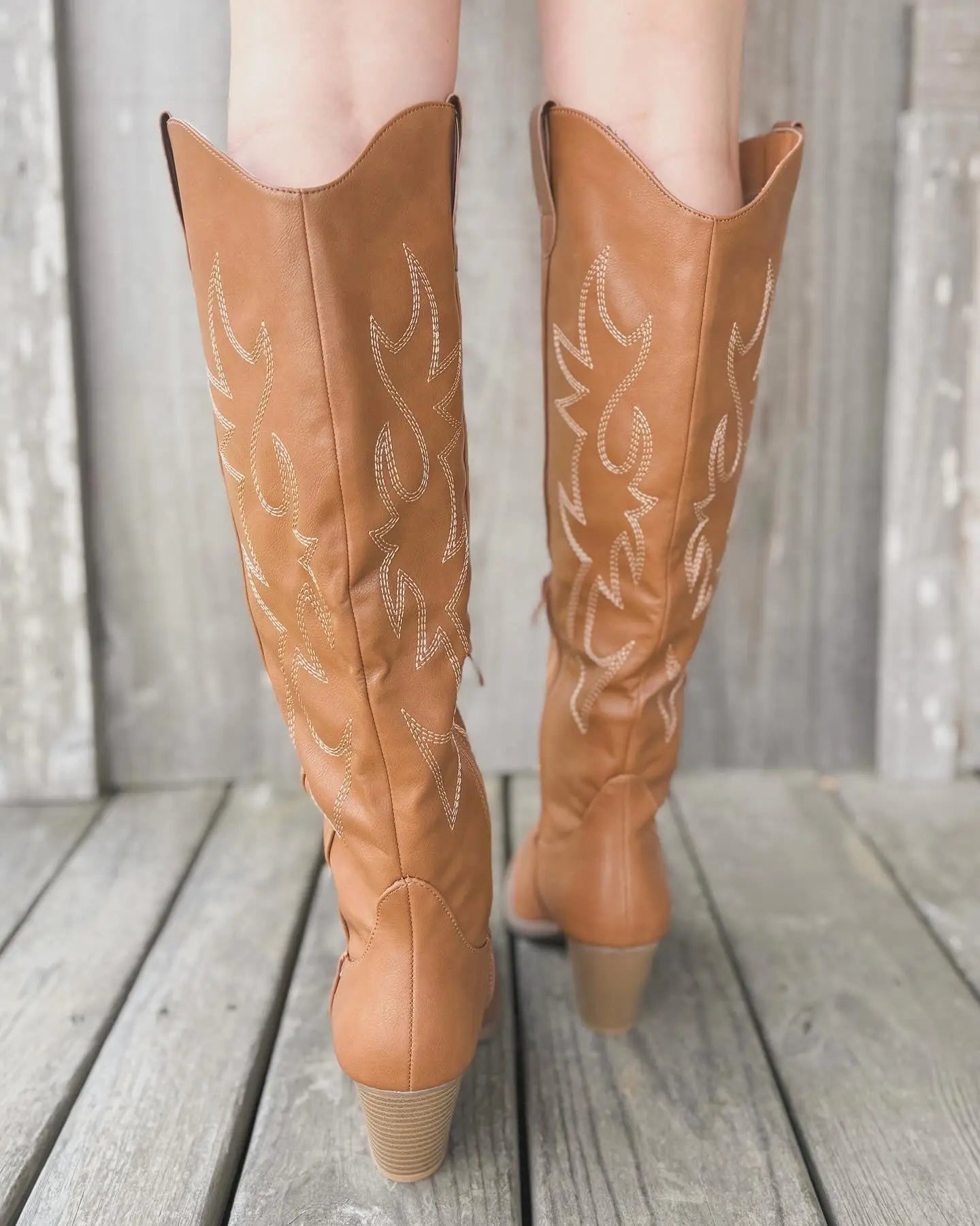 TAN KNEE HIGH SMOOTH COWBOY BOOT WITH WESTERN EMBROIDERY CCOCCI