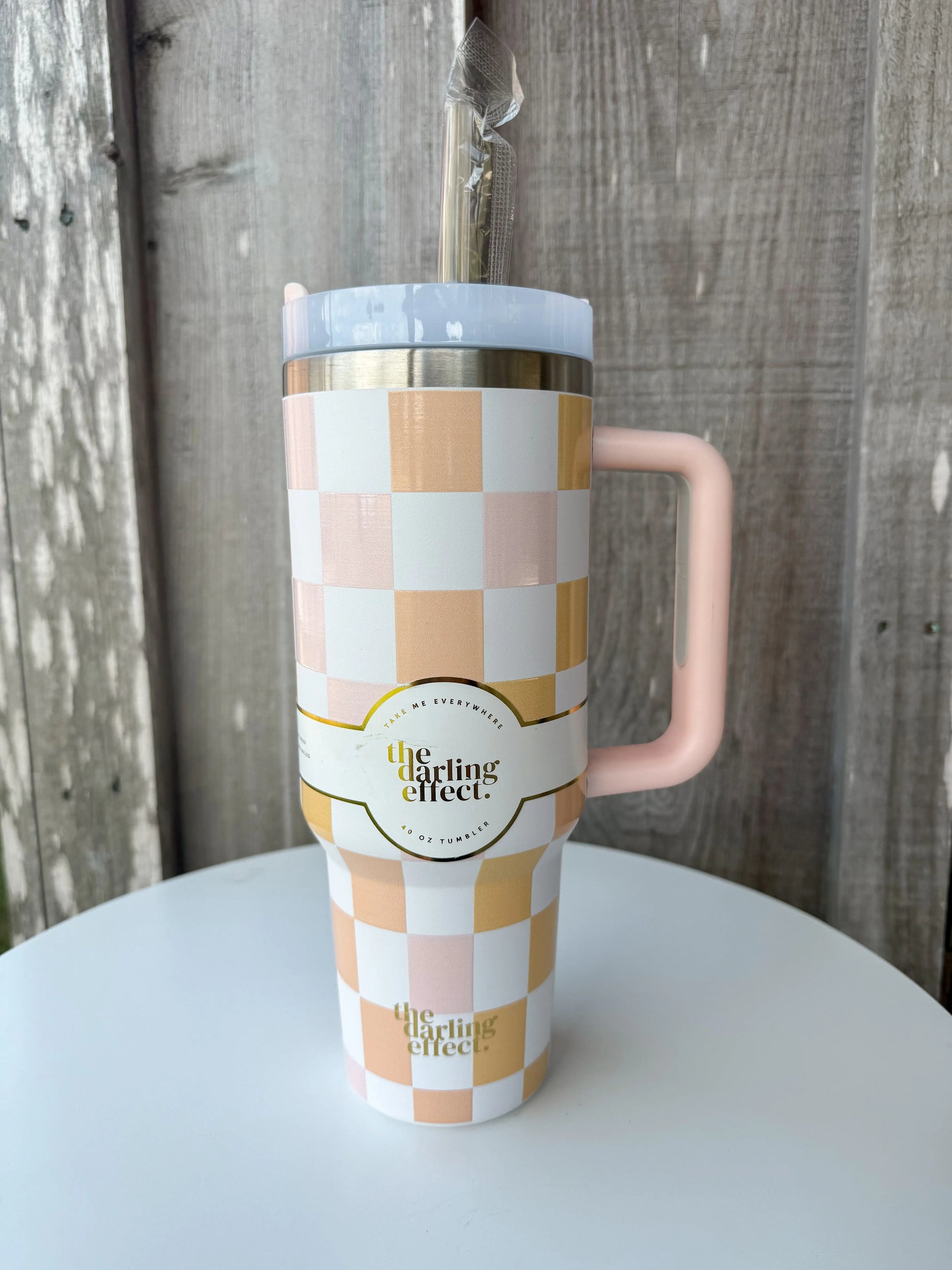 Checkered Peach Take Me Everywhere- 40oz Tumbler With Straw And Screw On Lid The Darling Effect