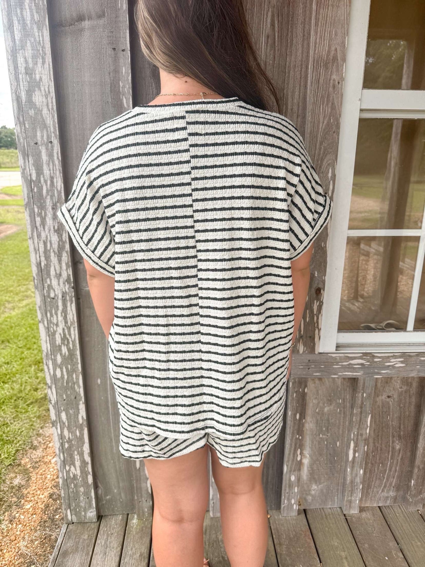 Bucketlist Black  Striped Print Textured  Dolman Sleeve Top With Drawstring Waist Shorts BUCKETLIST