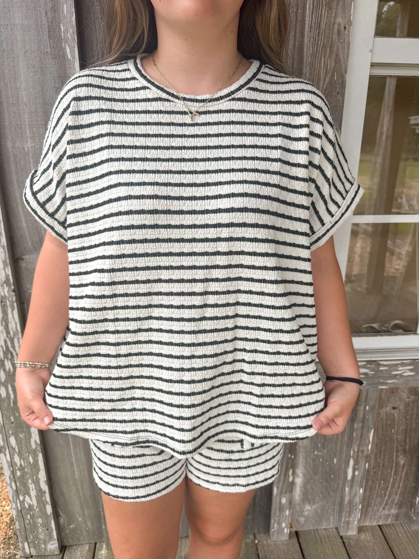 Bucketlist Black  Striped Print Textured  Dolman Sleeve Top With Drawstring Waist Shorts BUCKETLIST
