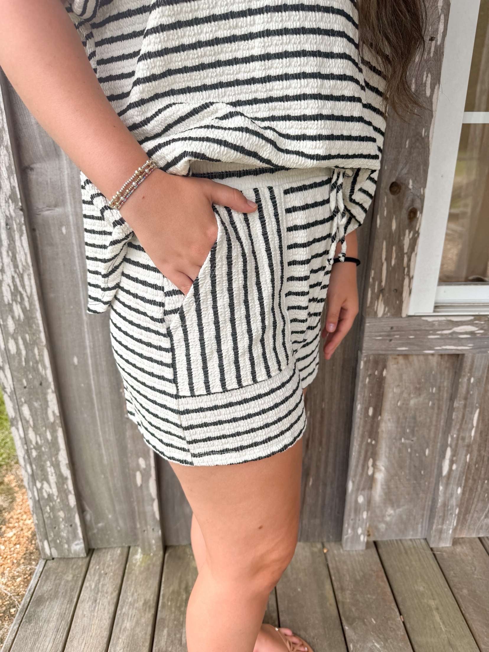 Bucketlist Black  Striped Print Textured  Dolman Sleeve Top With Drawstring Waist Shorts BUCKETLIST