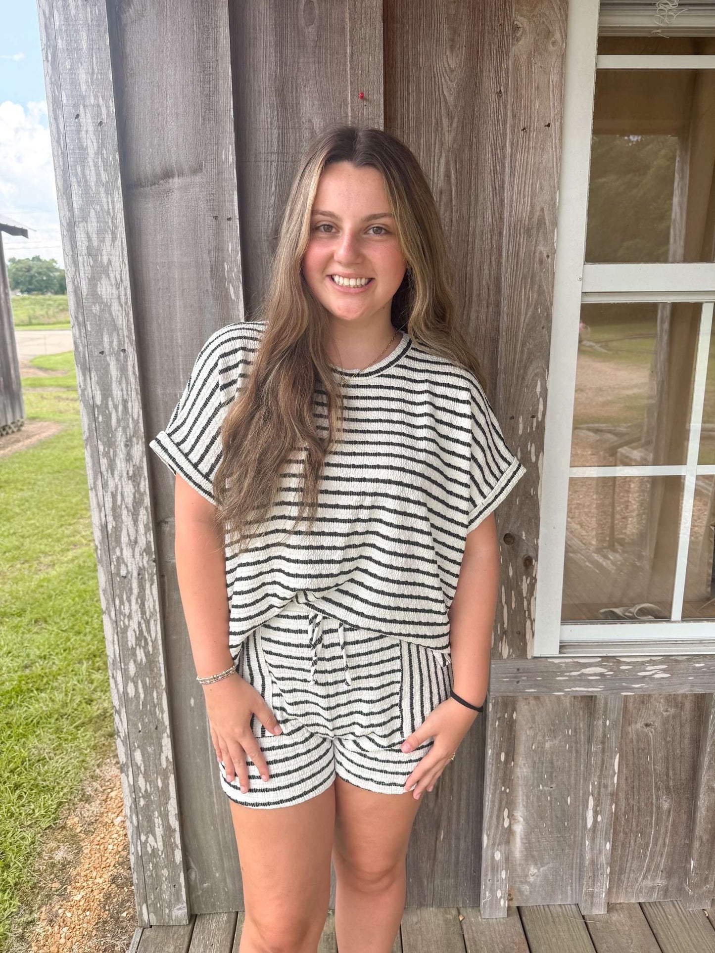 Bucketlist Black  Striped Print Textured  Dolman Sleeve Top With Drawstring Waist Shorts BUCKETLIST