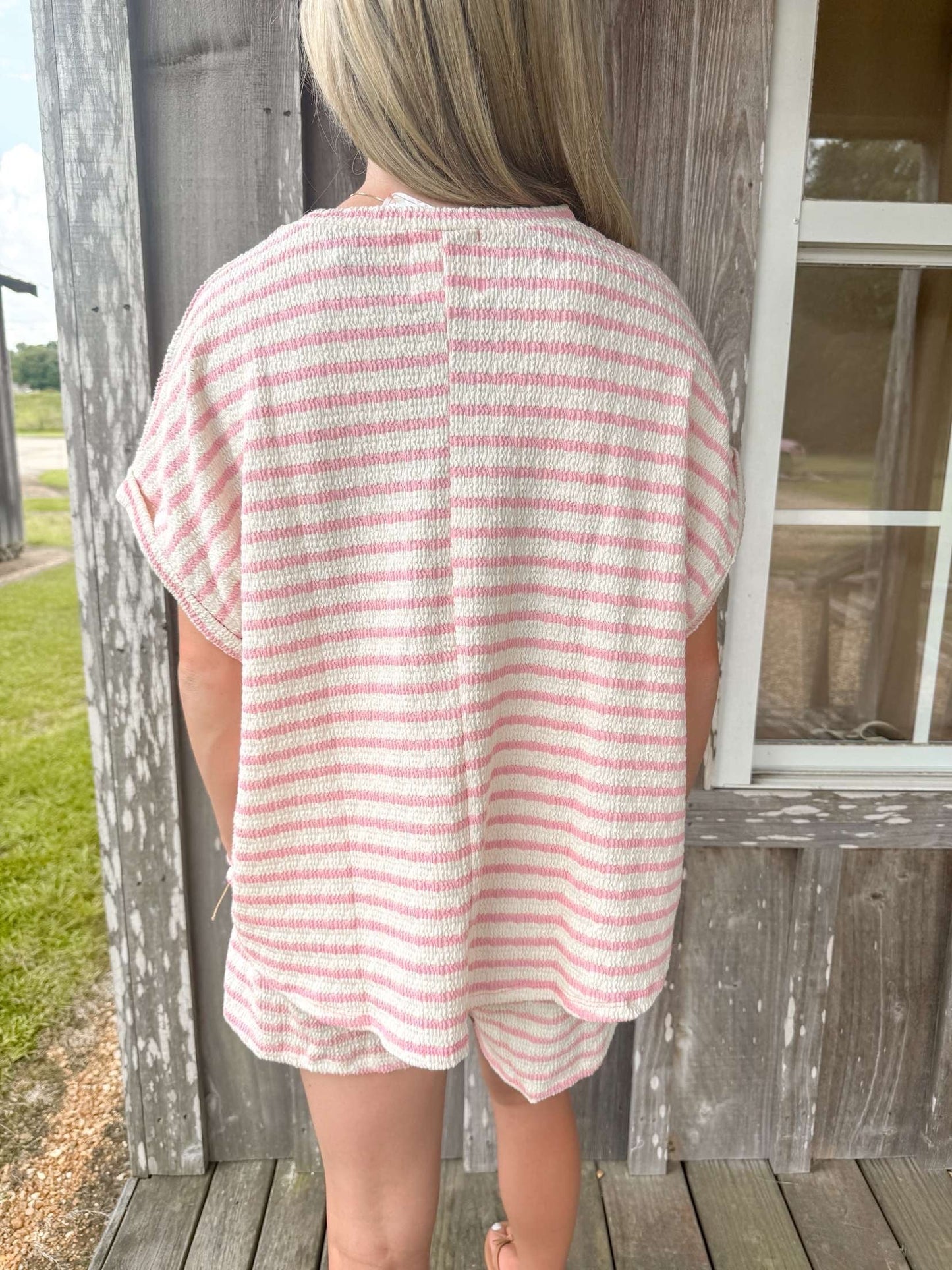 Bucketlist Pink Striped Print Textured  Dolman Sleeve Top With Drawstring Waist Shorts BUCKETLIST