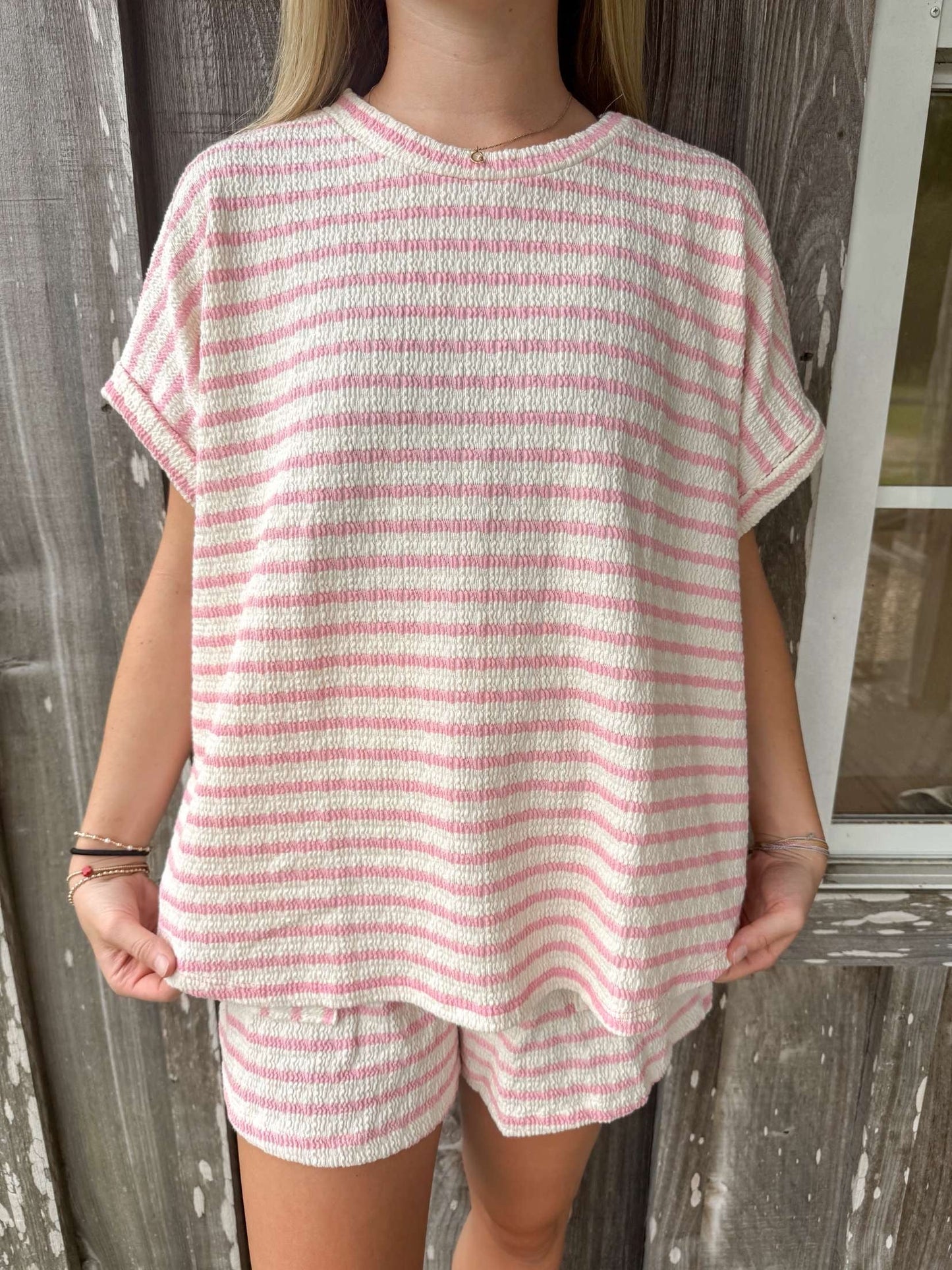 Bucketlist Pink Striped Print Textured  Dolman Sleeve Top With Drawstring Waist Shorts BUCKETLIST