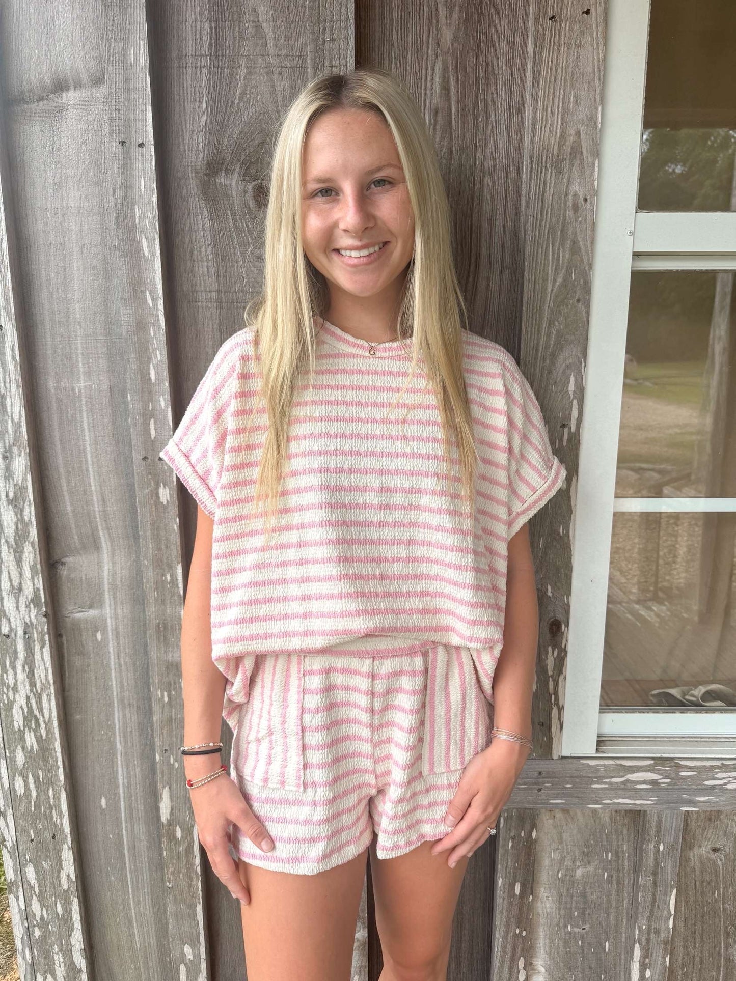 Bucketlist Pink Striped Print Textured  Dolman Sleeve Top With Drawstring Waist Shorts BUCKETLIST