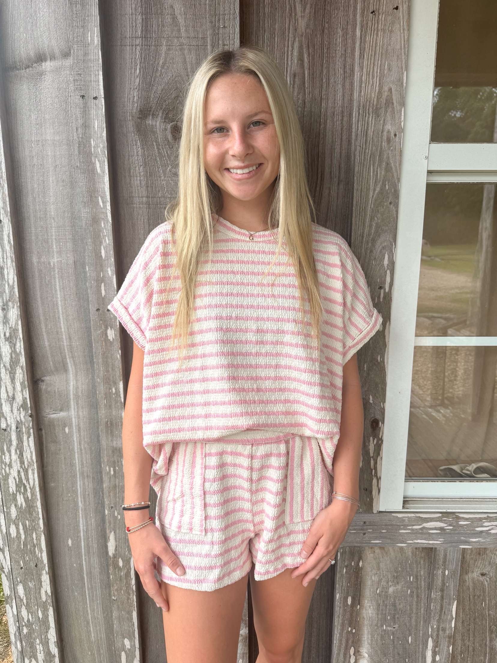 Bucketlist Pink Striped Print Textured  Dolman Sleeve Top With Drawstring Waist Shorts BUCKETLIST