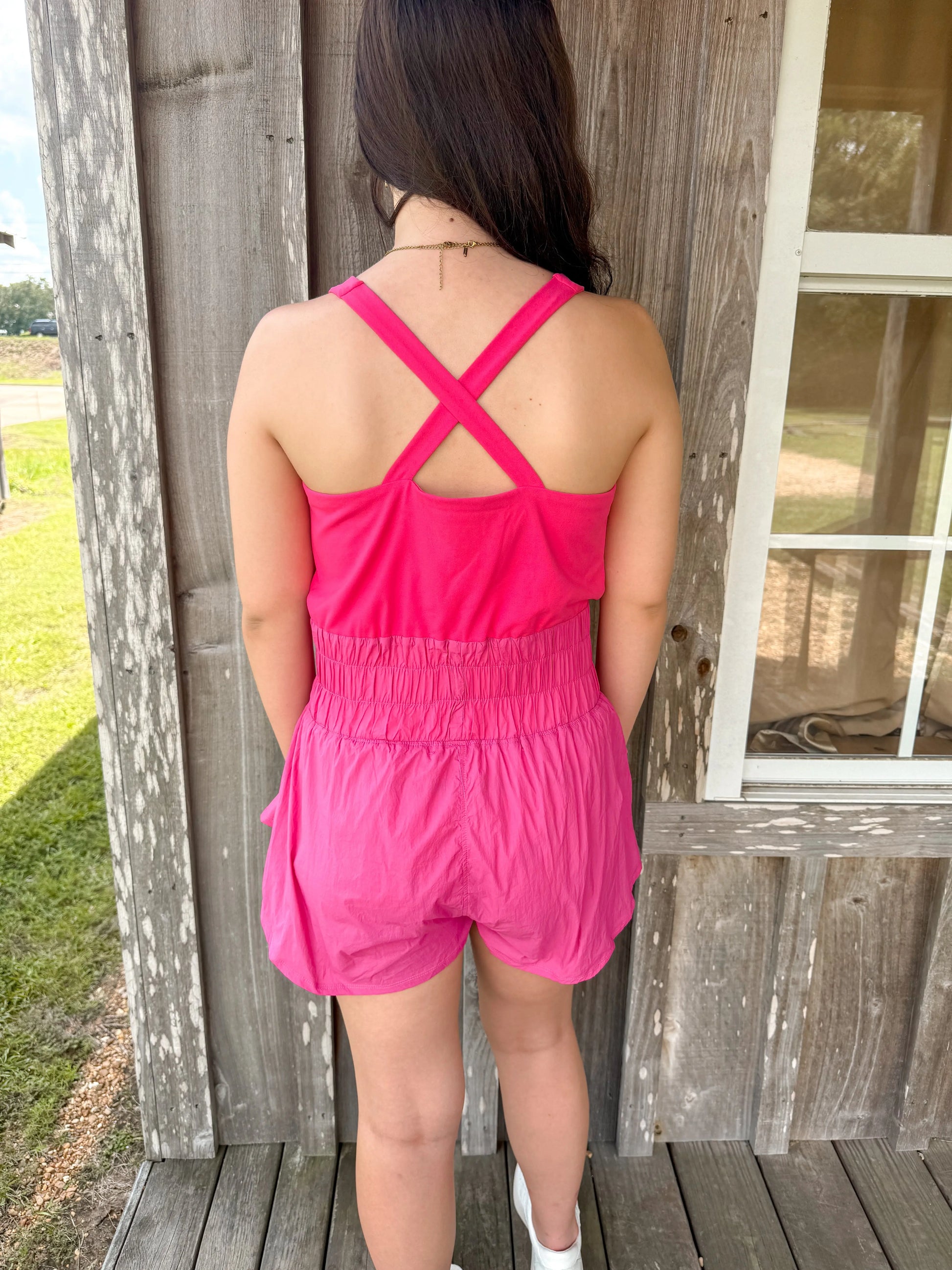 Cross Over Back Sporty Romper Peach Love California