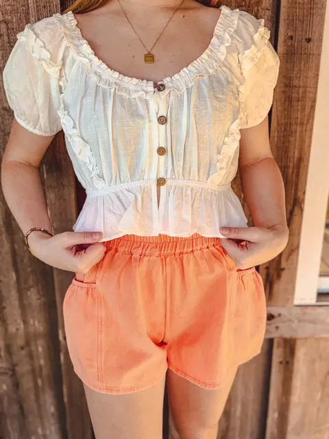 BUTTON DOWN BABYDOLL CROP TOP WITH RUFFLE DETAIL day & moon