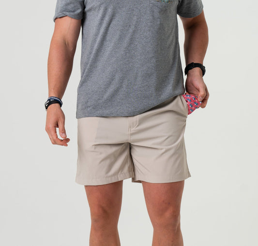 BURLEBO LIGHT KHAKI - AMERICAN FLAG POCKET EVERYDAY SHORTS (7" INSEAM) BURLEBO