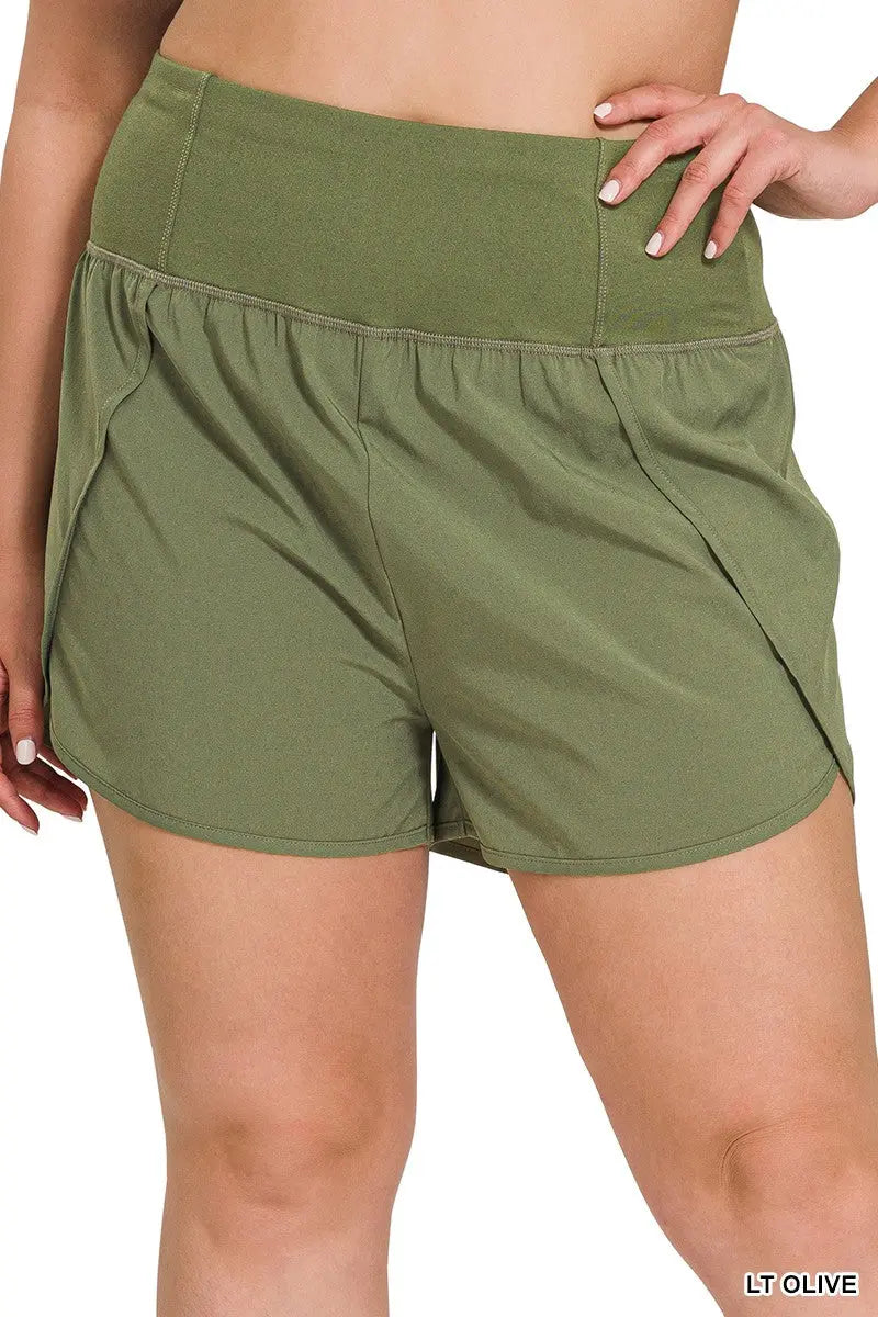 PLUS HIGH WAIST ZIPPER BACK POCKET RUNNING SHORTS zenana