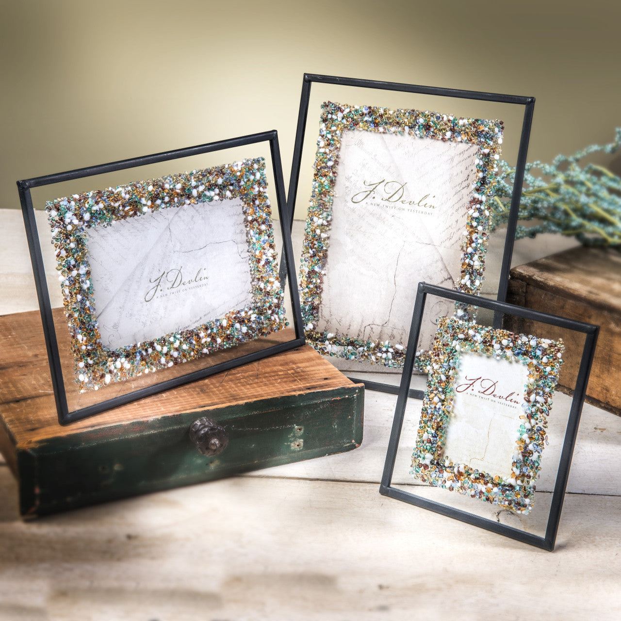 J Devlin Glass Art & Bert Anderson Collection - Pic 456 Multi Colored Fused Glass Chips on Clear Frame Series: 5x7 J Devlin Glass Art & Bert Anderson Collection