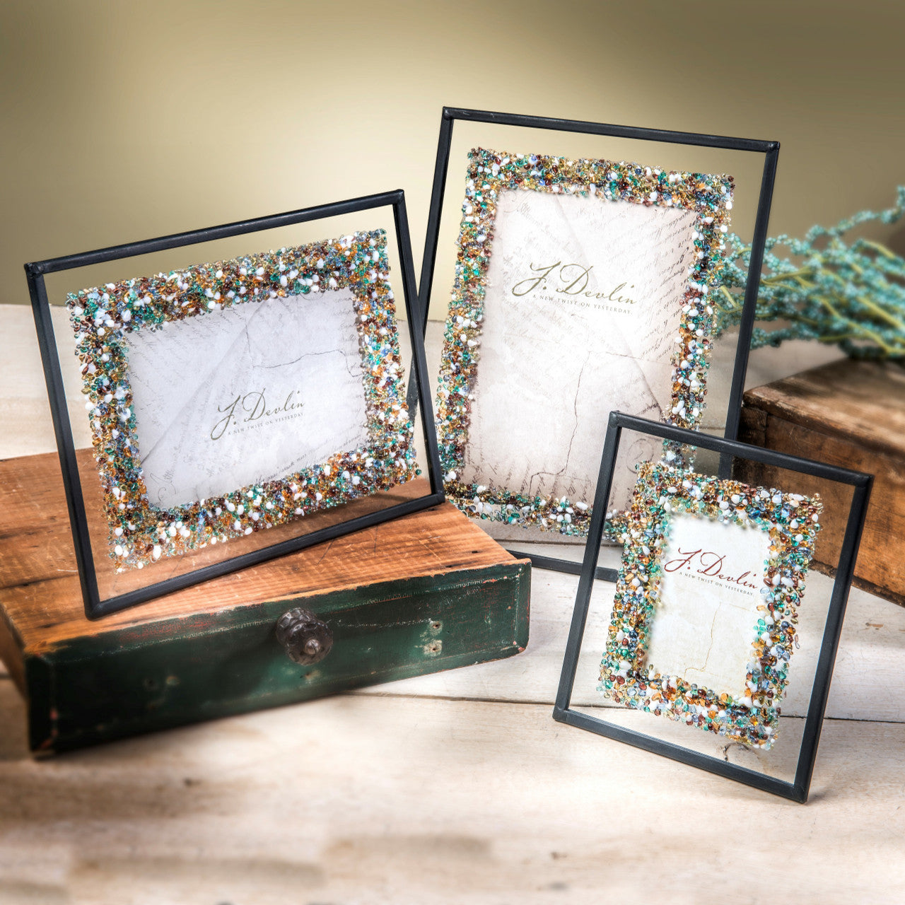 J Devlin Glass Art & Bert Anderson Collection - Pic 456 Multi Colored Fused Glass Chips on Clear Frame Series: 4x6 J Devlin Glass Art & Bert Anderson Collection