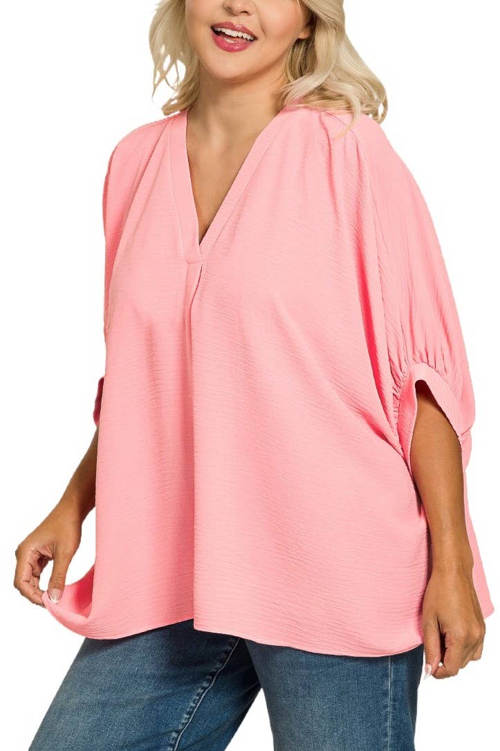 Vanilla Monkey - Plus Woven Airflow V-neck Puff Half Sleeve Top: DK PINK / 3-3 (1XL/2XL-2XL/3XL) Vanilla Monkey