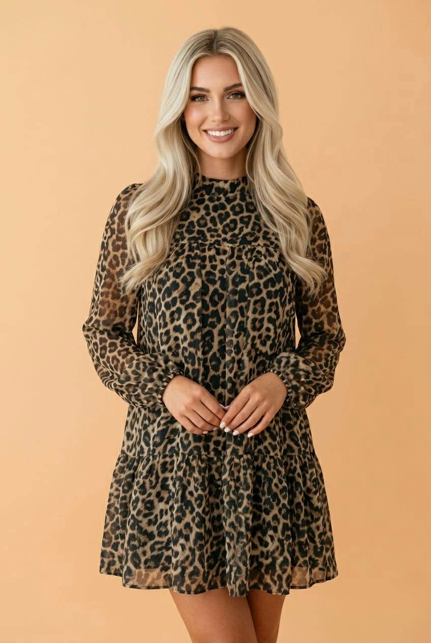 PRETTY BASH - PRETTY BASH Leopard Long Sleeve Shift Mini Dress: Brown / S PRETTY BASH