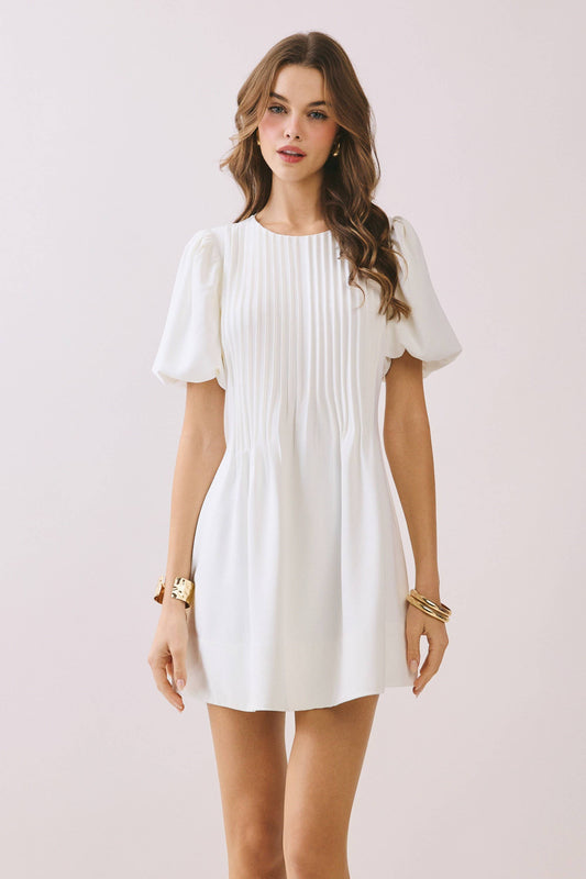 TCEC - CD06182-Pleated Detail Back Hidden Zipper A Line Dress: White / S TCEC