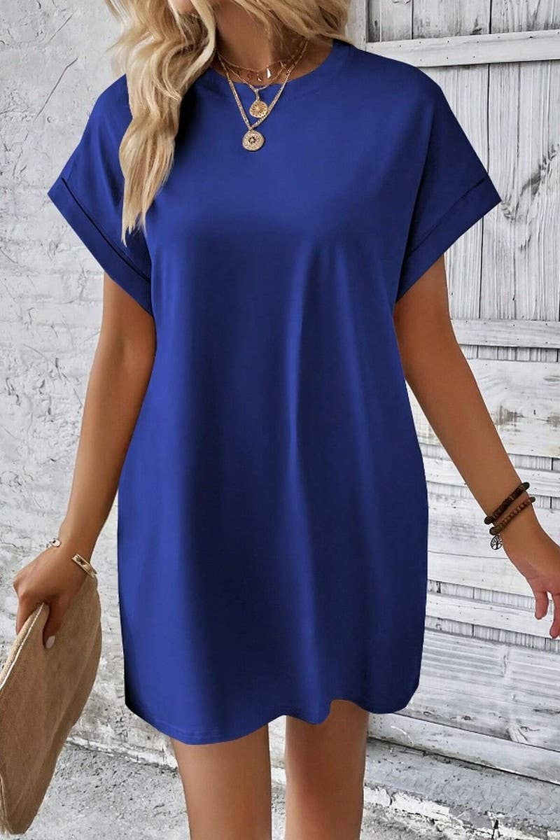 NINEXIS - CWDSD3628_SOLID COLOR ROUND NECK LOOSE POCKET SHORT DRESS: Blue / (M) 1 NINEXIS