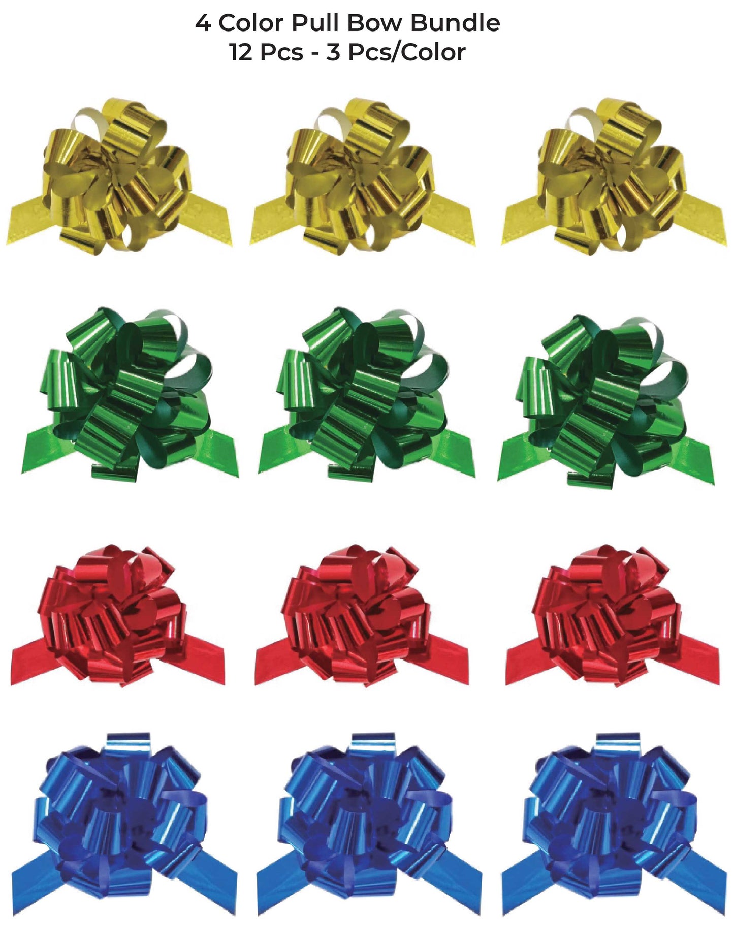 LA Ribbons Wholesale - 6" METALLIC PULL BOW BUNDLE -GOLD/BLUE/GREEN/RED: 12 PCS Bundle LA Ribbons Wholesale