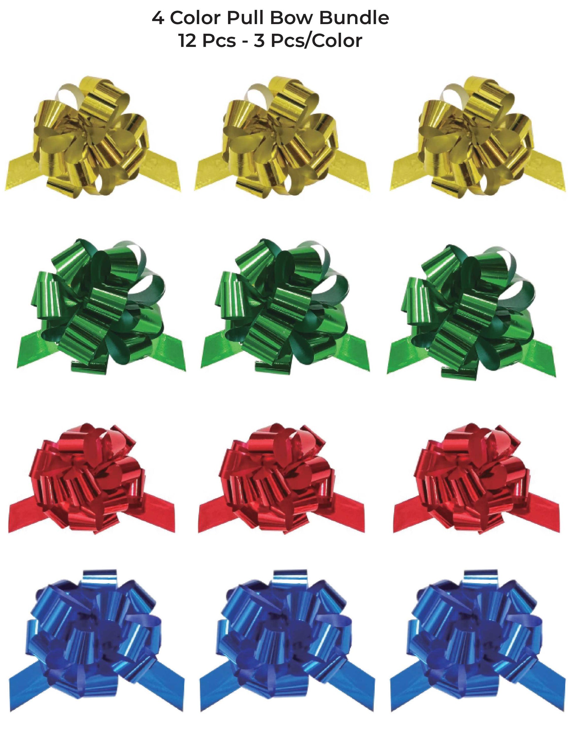 LA Ribbons Wholesale - 6" METALLIC PULL BOW BUNDLE -GOLD/BLUE/GREEN/RED: 12 PCS Bundle LA Ribbons Wholesale