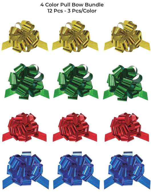 LA Ribbons Wholesale - 6" METALLIC PULL BOW BUNDLE -GOLD/BLUE/GREEN/RED: 12 PCS Bundle LA Ribbons Wholesale