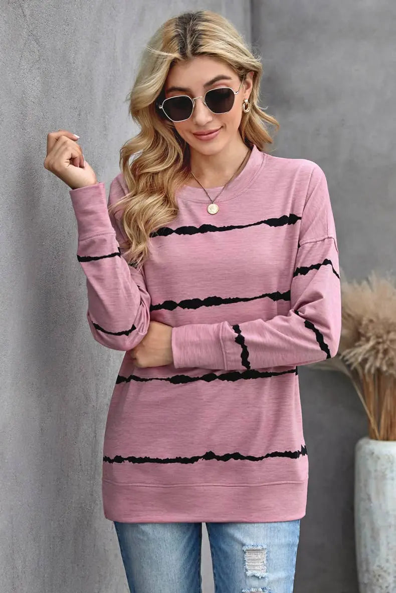 Long Sleeve Crewneck Sweatshirt Striped Printed Pullover