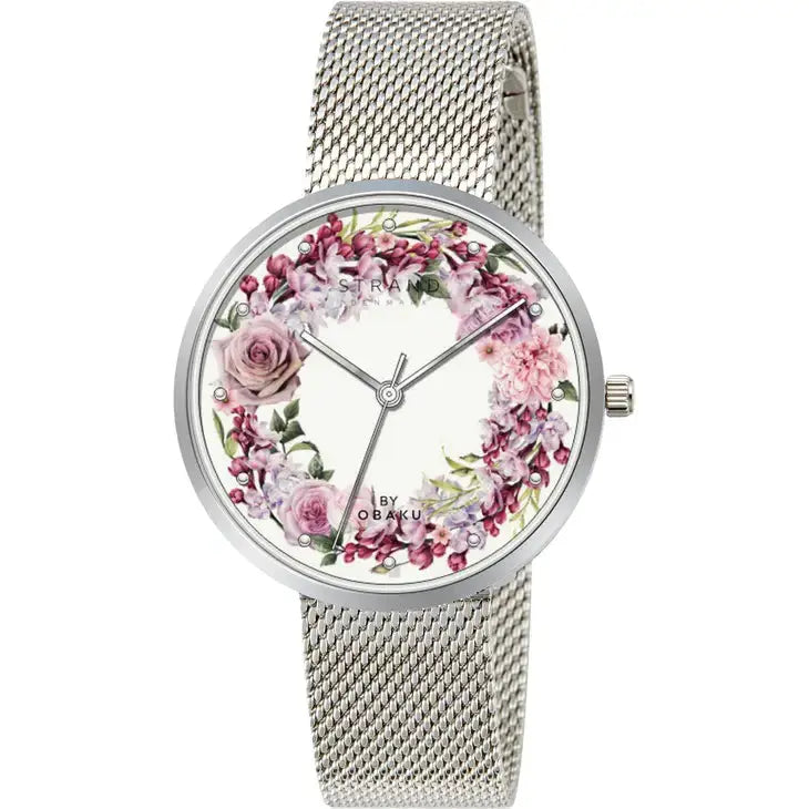 Flowers Ring of Posy Flower Embossed Dial Steel Watch