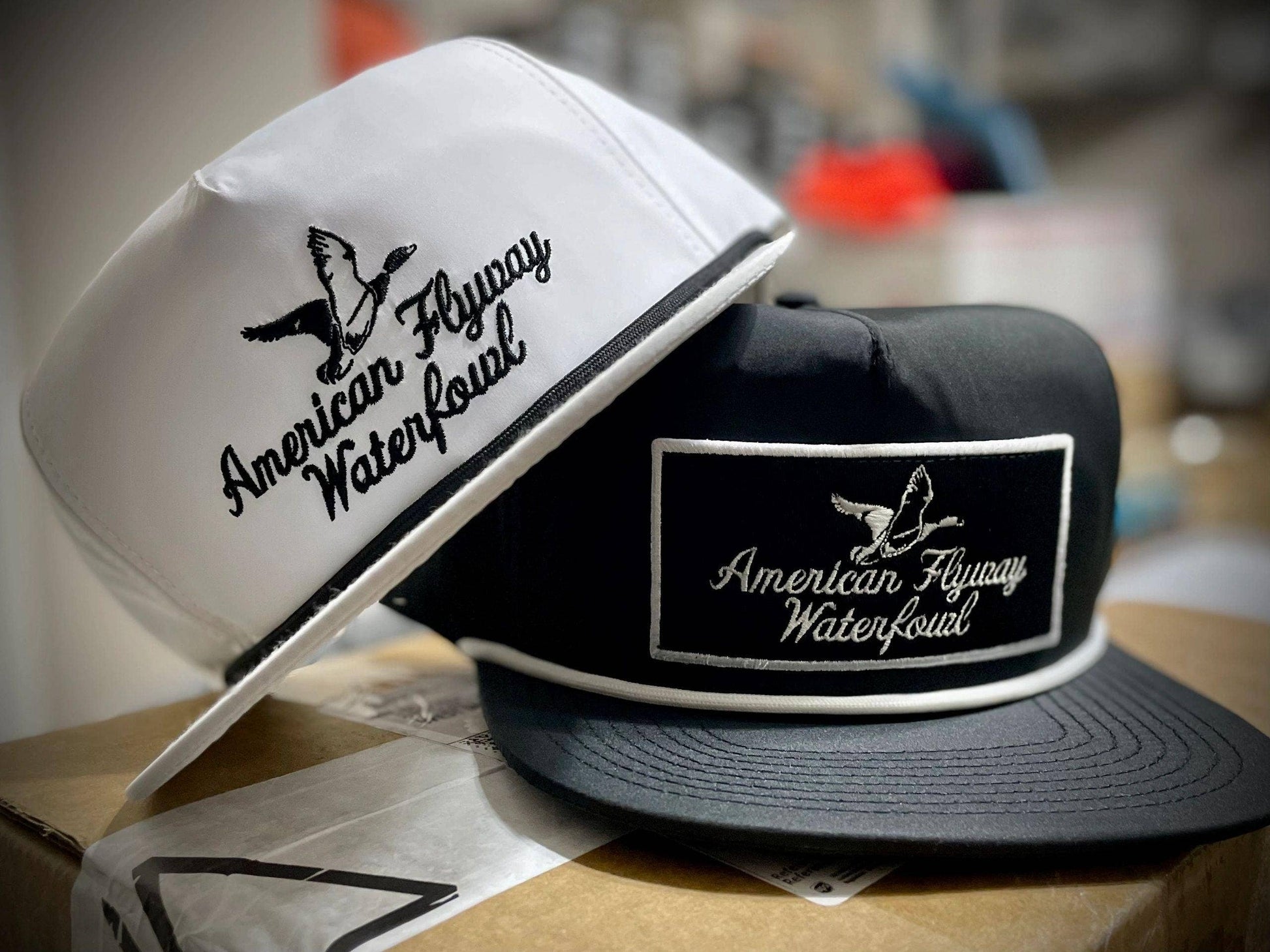 American Flyway Waterfowl - Throwback Vintage Rope Hat White with Black Rope American Flyway Waterfowl