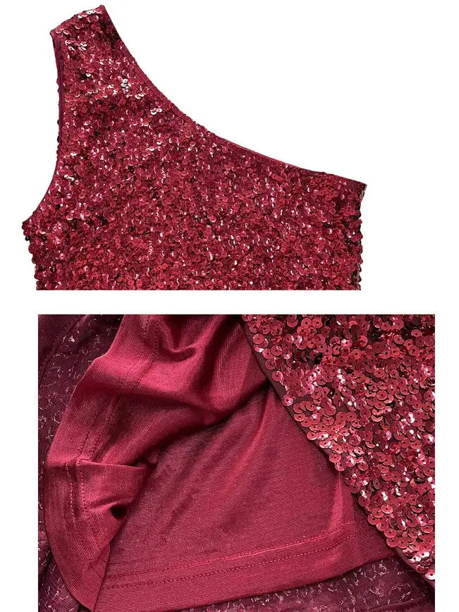 One Shoulder Sequin Stretchy Body Con Mini Dress