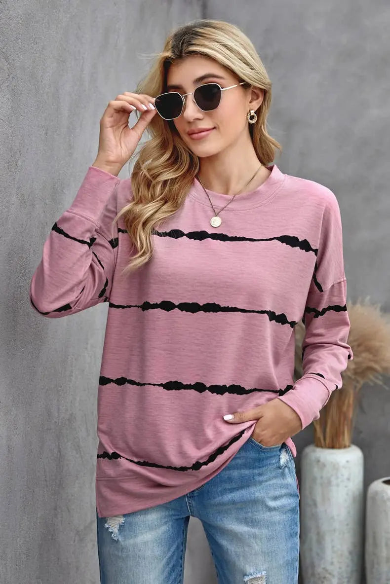 Long Sleeve Crewneck Sweatshirt Striped Printed Pullover