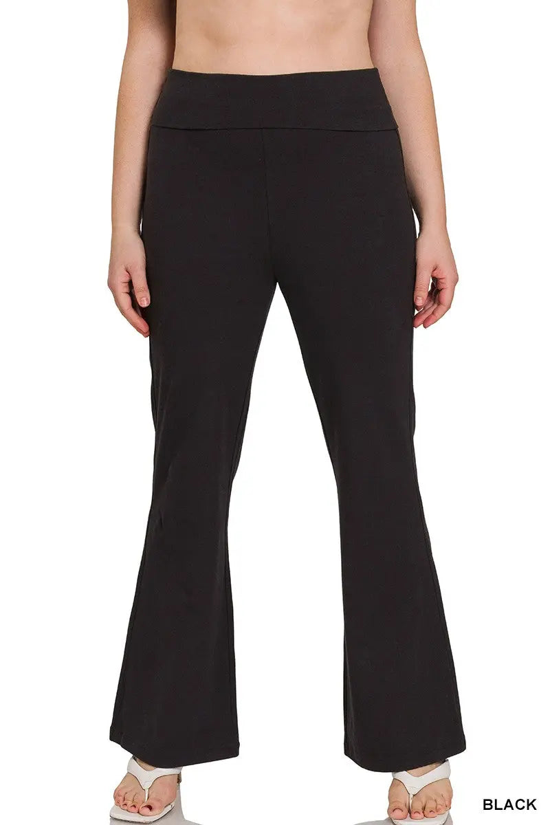 PLUS PREMIUM COTTON FOLD OVER YOGA FLARE PANTS zenana