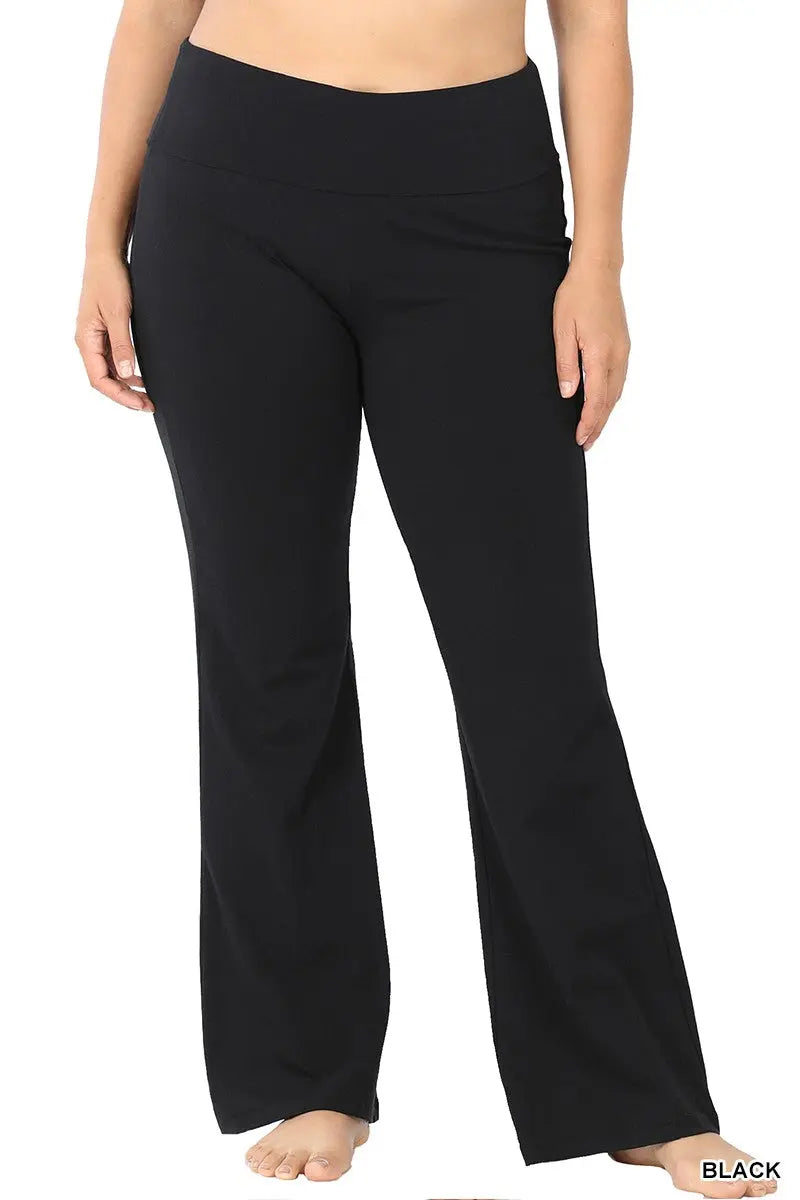 PLUS PREMIUM COTTON FOLD OVER YOGA FLARE PANTS zenana