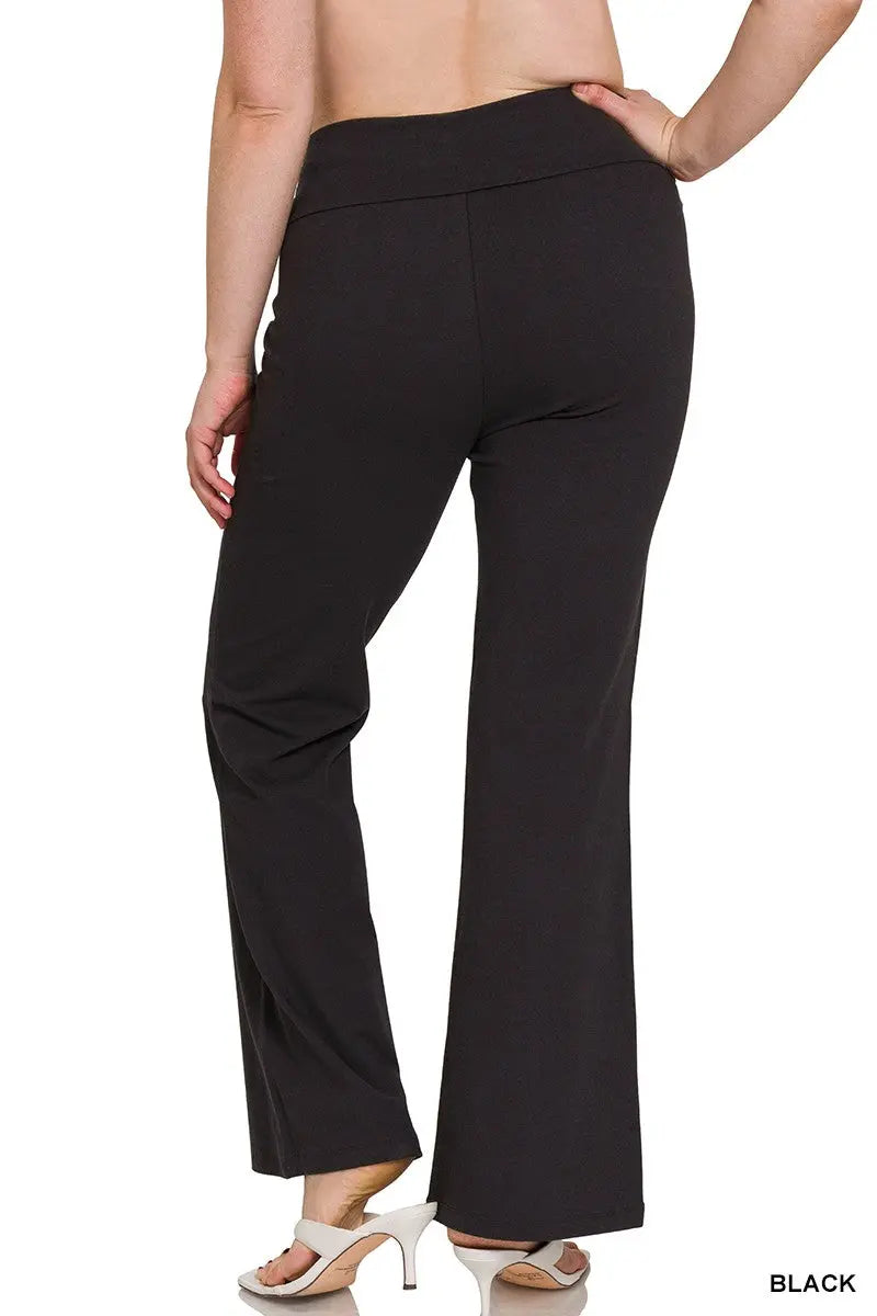 PLUS PREMIUM COTTON FOLD OVER YOGA FLARE PANTS zenana