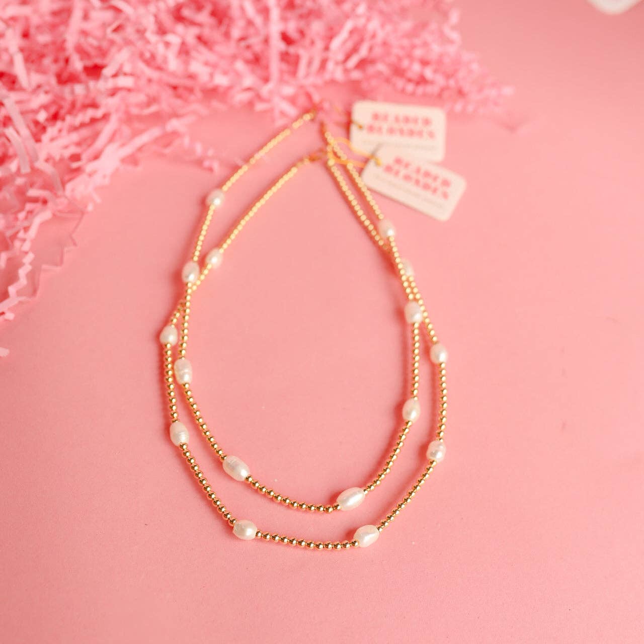 Beaded Blondes - Pearl Poppi Necklace in Gold: 16 inch / Stretch (No clasp) Beaded Blondes